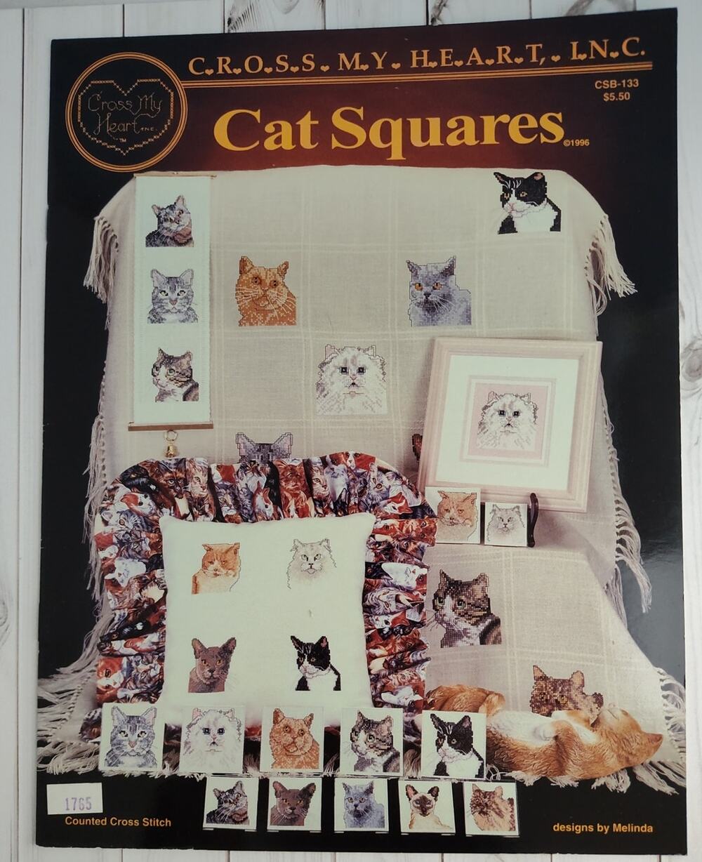 Cross My Heart Cat Squares 12 Cross Stitch Patterns Tuxedo, Siamese Maine Coon